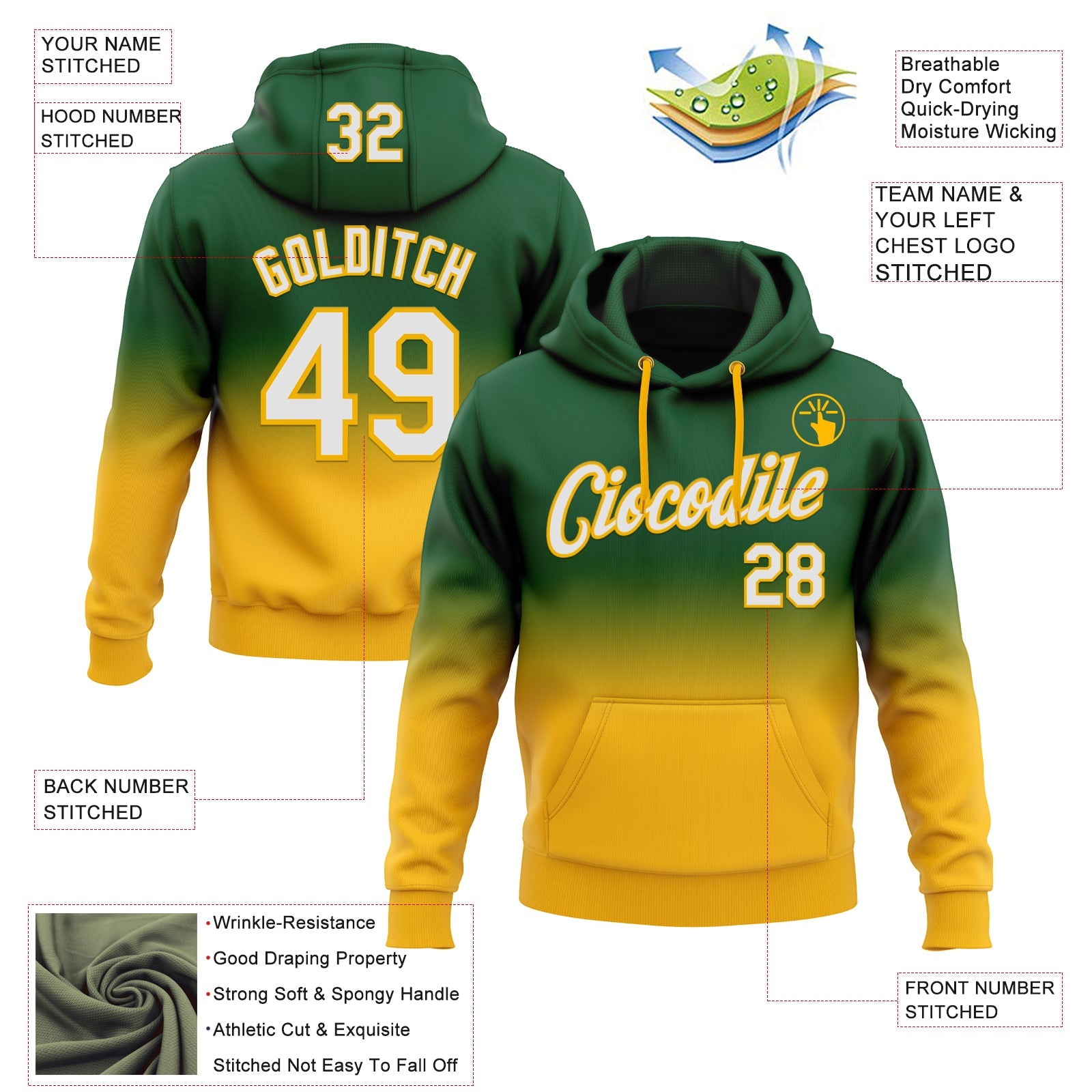 Custom Stitched Green White-Gold Fade Fashion Sports Pullover Sweatshirt Hoodie