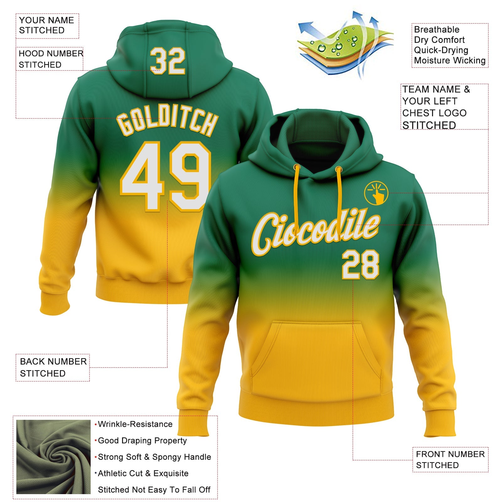 Custom Stitched Kelly Green White-Gold Fade Fashion Sports Pullover Sweatshirt Hoodie