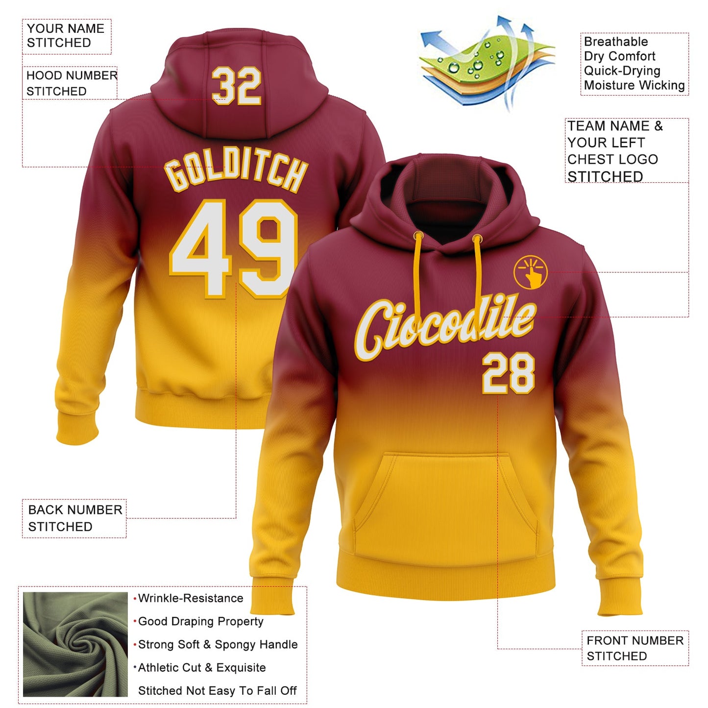 Custom Stitched Crimson White-Gold Fade Fashion Sports Pullover Sweatshirt Hoodie