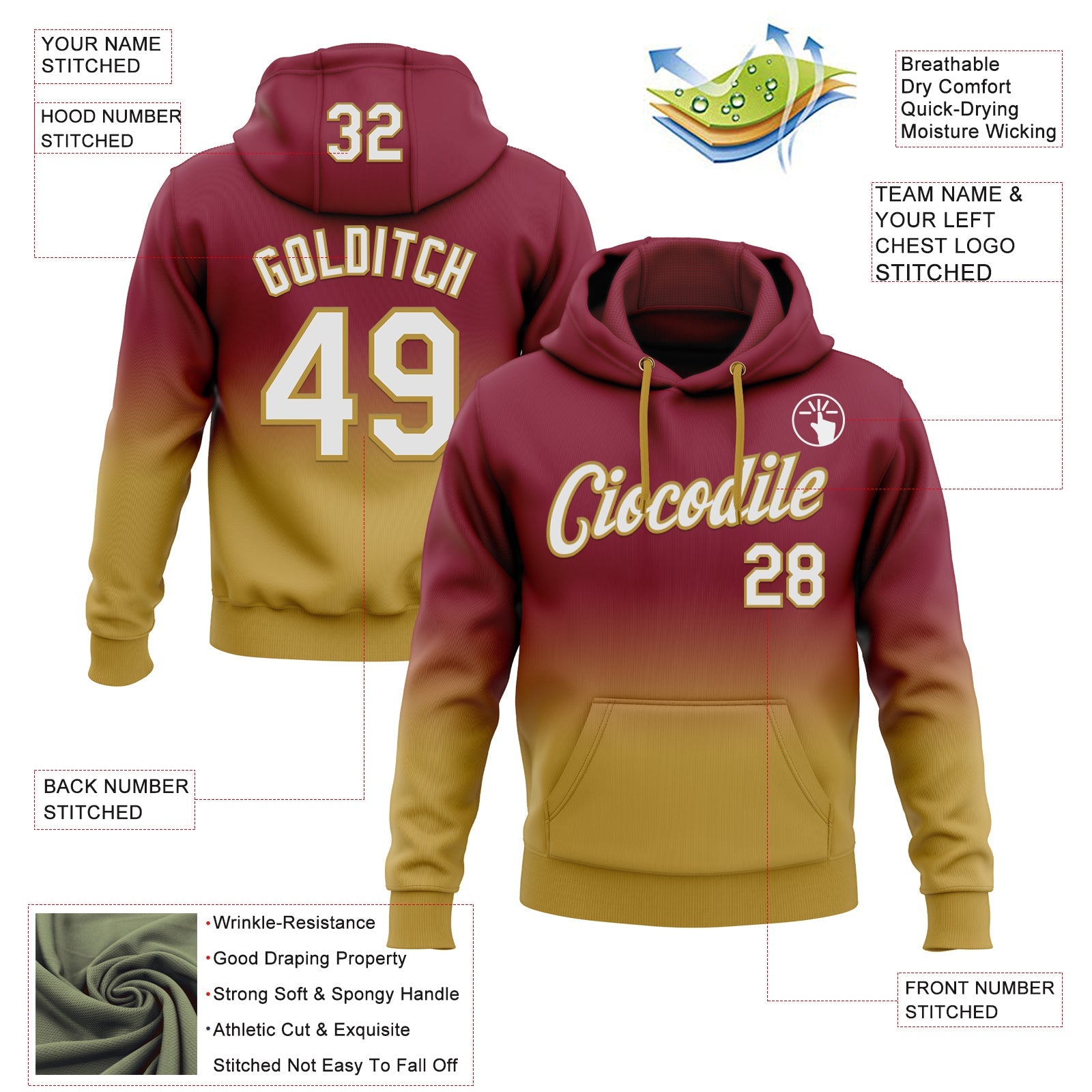 Custom Stitched Crimson White-Old Gold Fade Fashion Sports Pullover Sweatshirt Hoodie