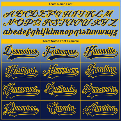 Custom Light Blue Navy-Yellow Fade Fashion Hockey Lace Neck Jersey
