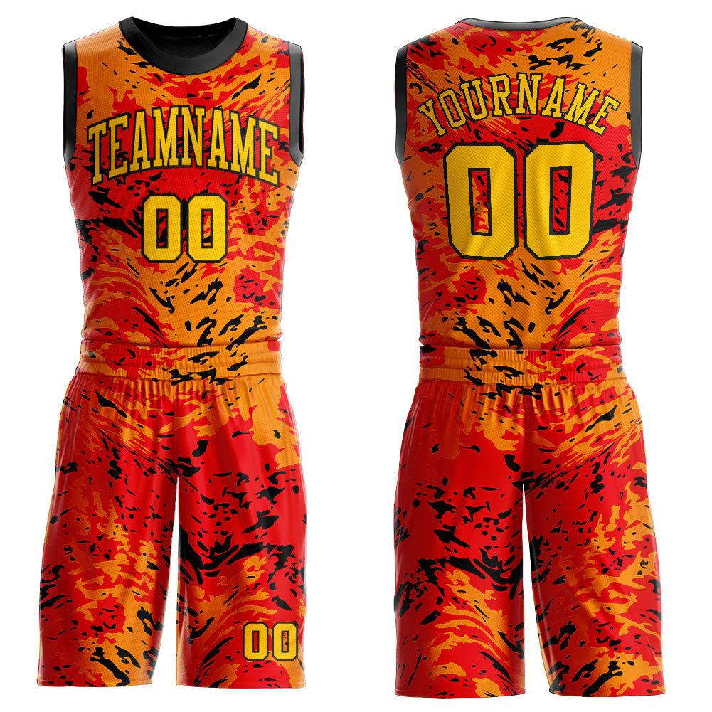 Custom Figure Gold-Orange Round Neck Sublimation Basketball Uniform Jersey