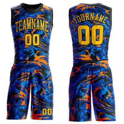 Custom Figure Gold-Royal Round Neck Sublimation Basketball Uniform Jersey