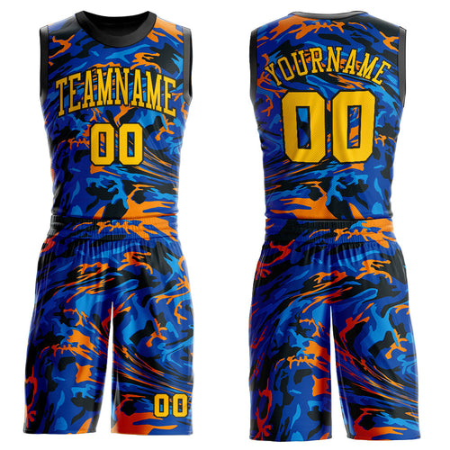 Custom Figure Gold-Royal Round Neck Sublimation Basketball Uniform Jersey