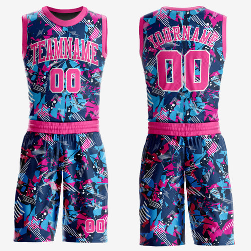 Custom Figure Pink-Light Blue Round Neck Sublimation Basketball Uniform Jersey