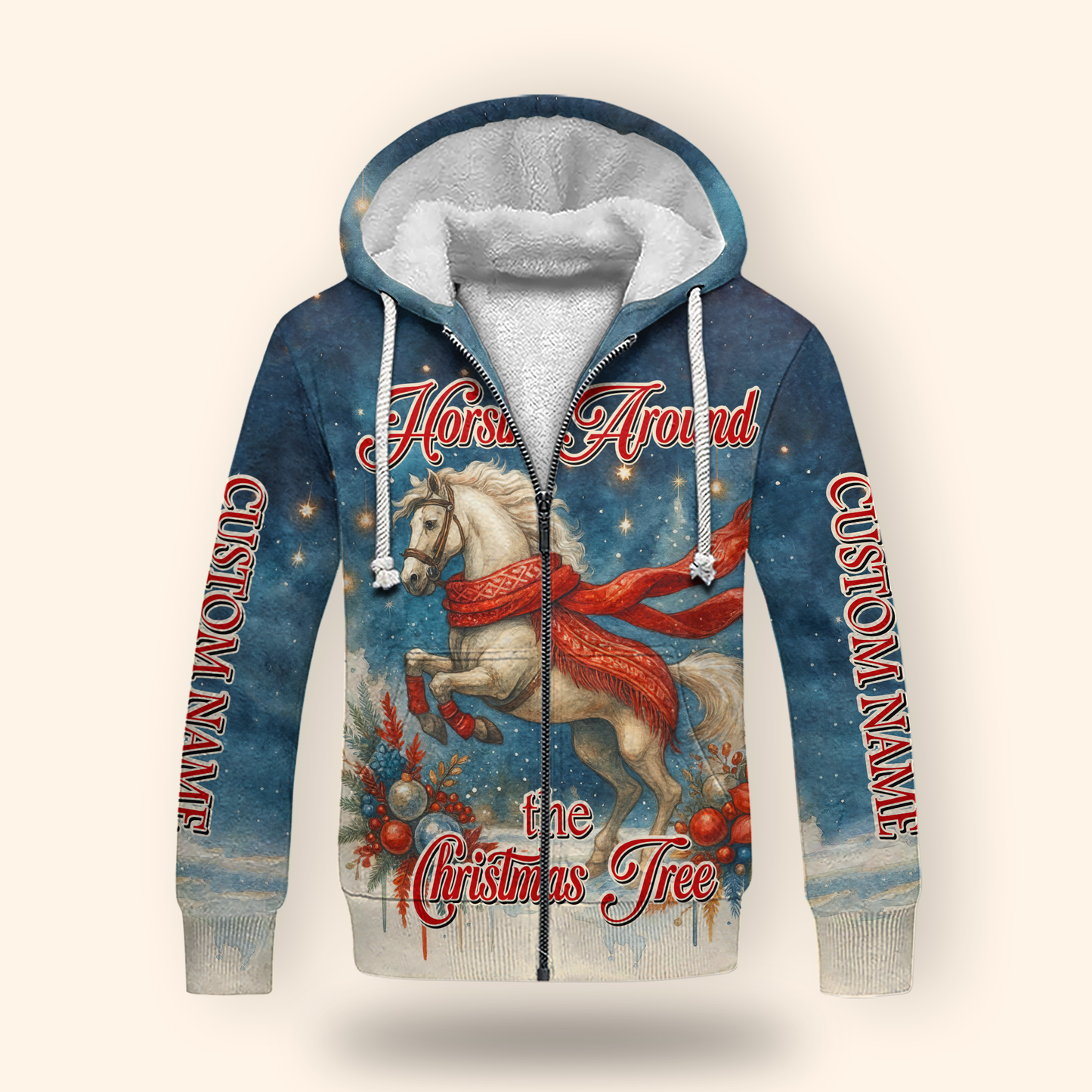 Horsin’ Around the Christmas Tree Hoodie – Funny Horse Lover Holiday Zip Up