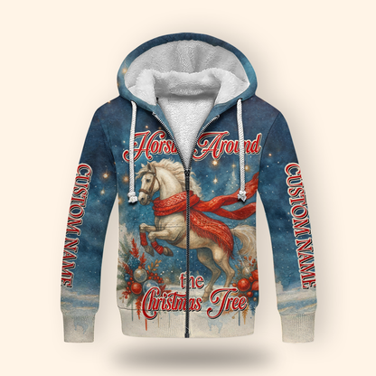 Horsin’ Around the Christmas Tree Hoodie – Funny Horse Lover Holiday Zip Up