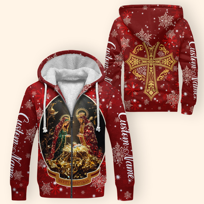 Christian Christmas Hoodie – Nativity Scene and Gold Cross Design, Personalized Faith Gift