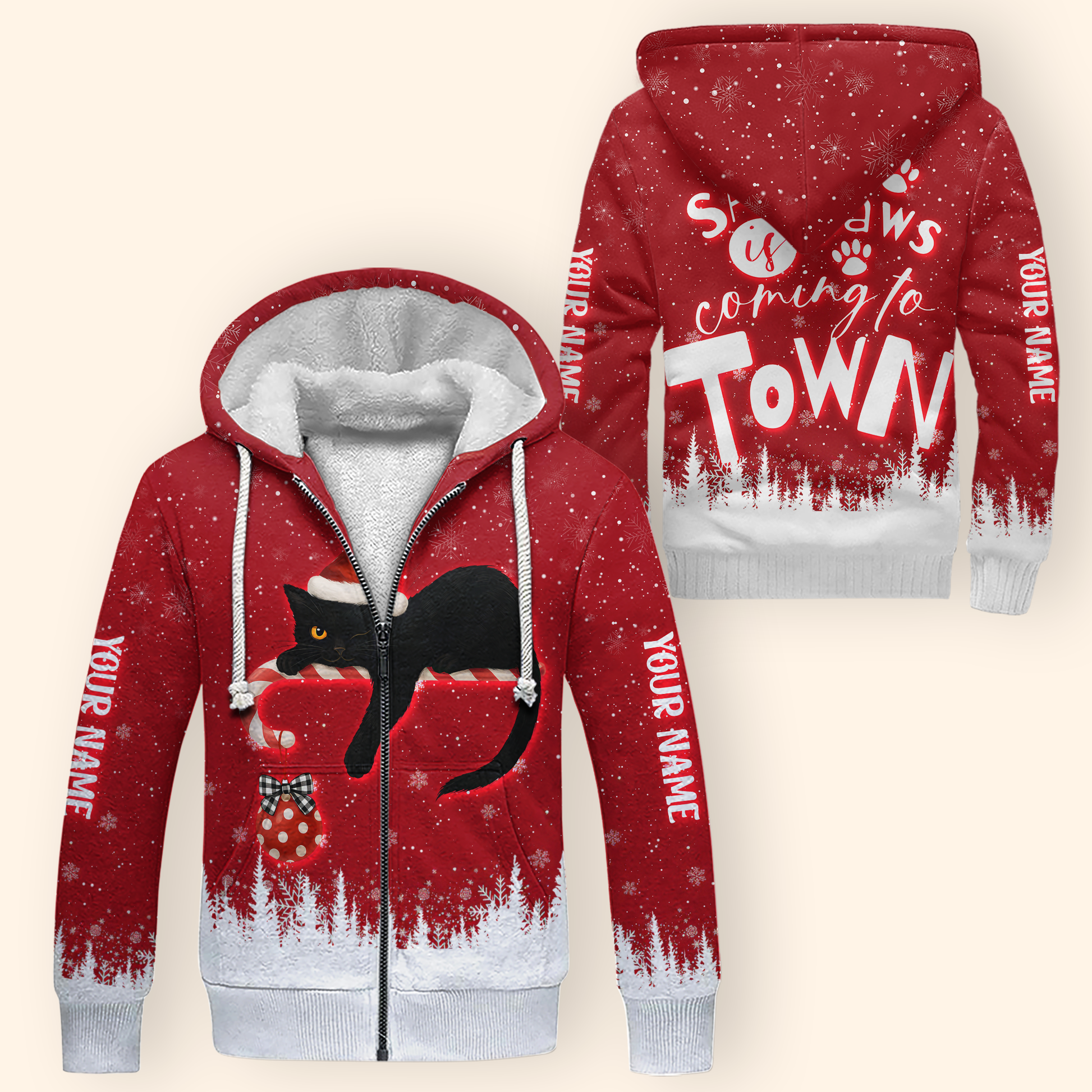 Personalized Cat Christmas Hoodie – Santa Paws Is Coming to Town, Custom Name Gift, Custom Choo
