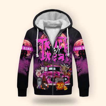 Trick or Treat Truck Hoodie – Halloween Farm Animals & Pumpkin Zip Up, Custom Name, Custom Choo