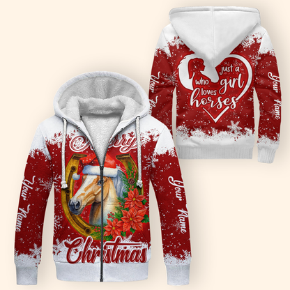 Just a Girl Who Loves Horses Christmas Hoodie – Merry Horse Lover Zip Up Sweatshirt