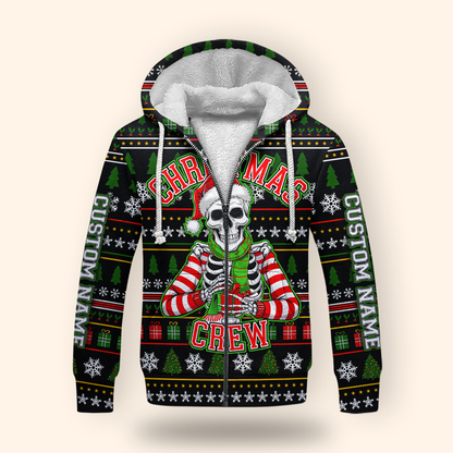 Funny Skeleton Christmas Hoodie – Custom Name Christmas Crew Zip Up