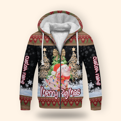 Merry PigMas Hoodie – Cute Pig Christmas Zip Up, Custom Name Funny Holiday Hoodie