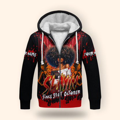 Slayin’ Since 31st October Hoodie – Custom Name Halloween Horror Afro Girl Jacket, Custom Choo