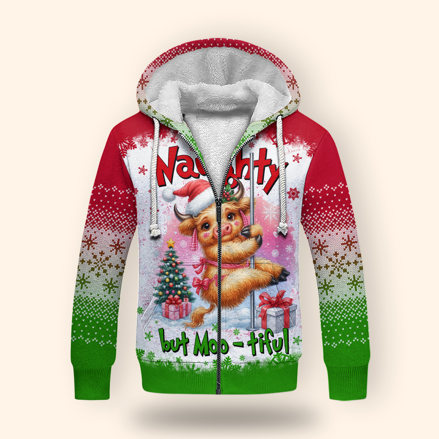 Funny Cow Christmas Hoodie – Naughty but Moo-tiful, Cute Farm Animal Holiday Zip Up Sweater