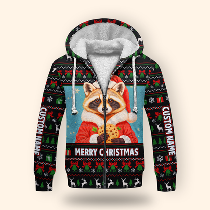Personalized Raccoon Christmas Hoodie – Cute Merry Christmas Zip Up