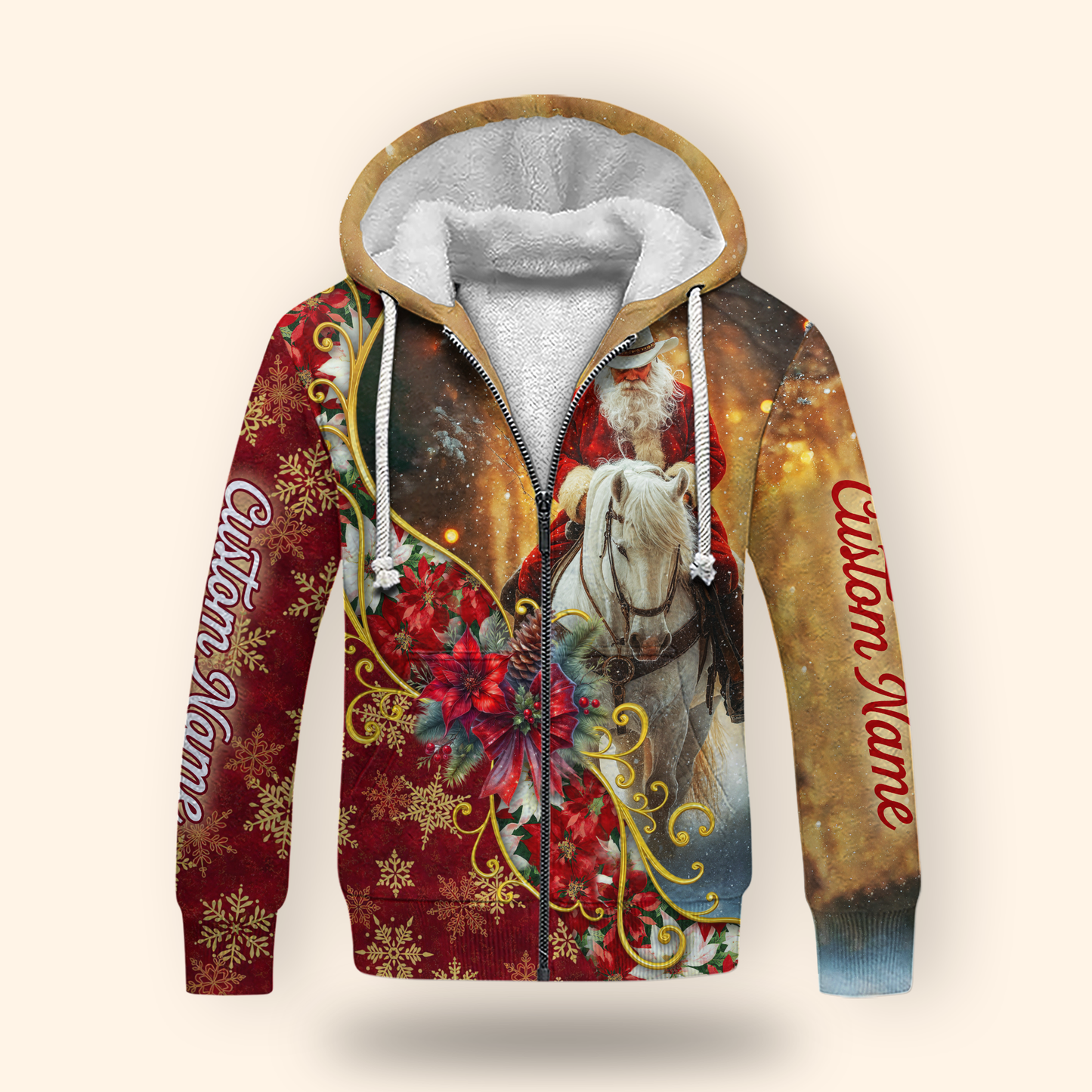 Santa Riding Horse Hoodie – Western Cowboy Christmas Zip Up, Custom Name Holiday Hoodie for Horse Lovers