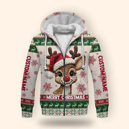 Reindeer Merry Christmas Hoodie – Cute Knitted Pattern Zip Up Holiday Sweater