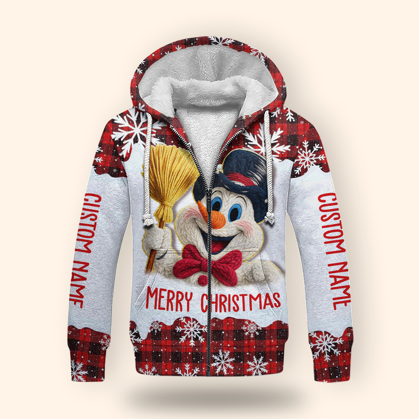 Merry Christmas Snowman Hoodie – Cute Plaid Red Winter Zip Up