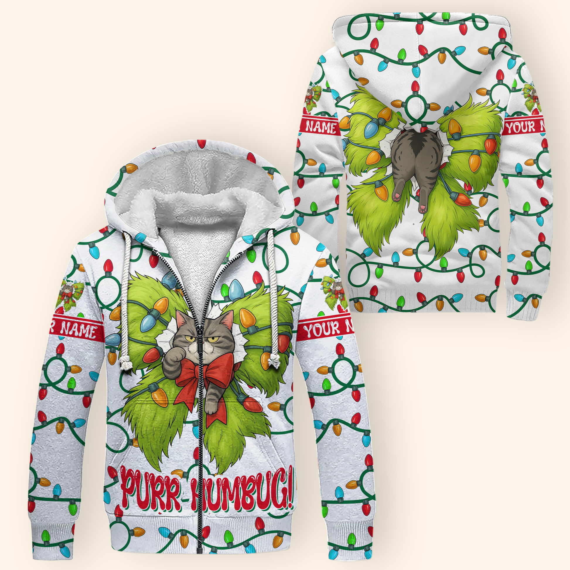 Funny Grinch Cat Christmas Hoodie – Purr Humbug Zip Up, Personalized Name Gift for Cat Lovers, Custom Choo