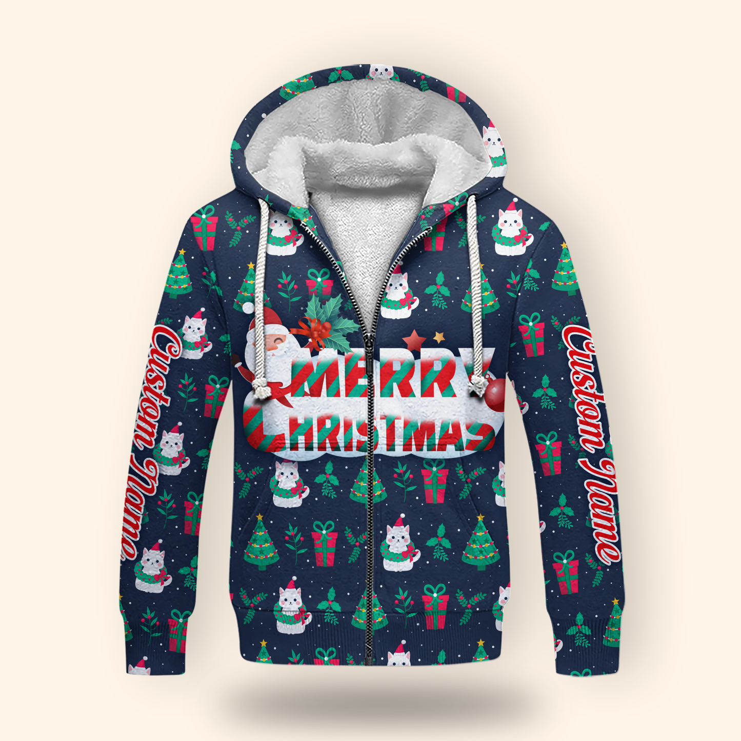 Merry Christmas Hoodie – Cute Holiday Zip Up with Santa and Gifts