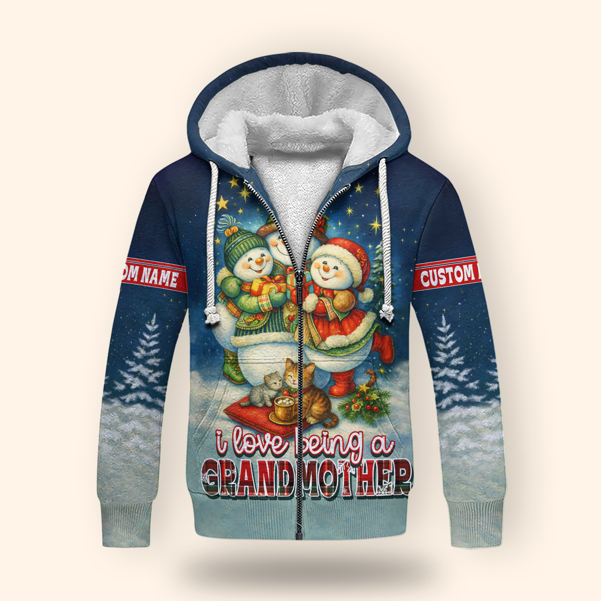 Personalized Christmas Hoodie – I Love Being a Grandmother, Snowman Family Zip Up Gift, Custom Choo