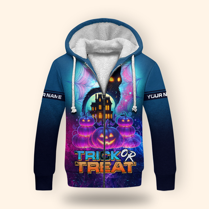 Personalized Trick or Treat Hoodie – Haunted House Black Cat Halloween Zip Up, Custom Choo