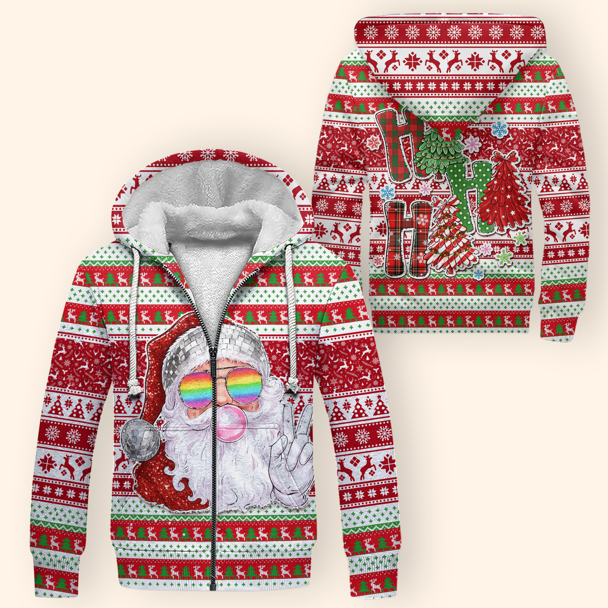 Disco Santa Christmas Hoodie – Funny Rainbow Glasses Design, Ugly Christmas Zip Up, Custom Choo