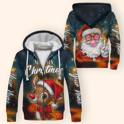Personalized Merry Christmas Hoodie – Cute Santa & Reindeer Zip Up, Custom Name Holiday Gift, Custom Choo