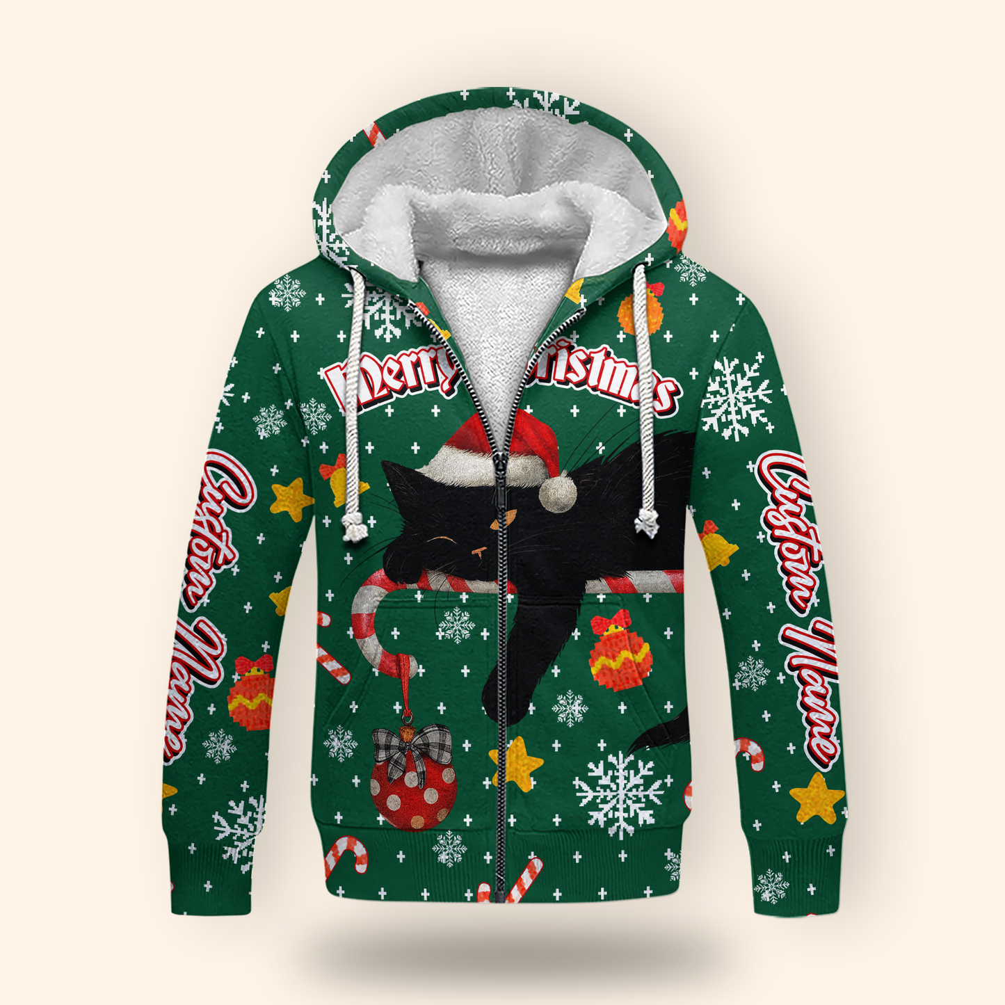 Black Cat Christmas Hoodie – Custom Name Santa Cat Zip Up