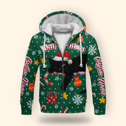 Black Cat Christmas Hoodie – Custom Name Santa Cat Zip Up