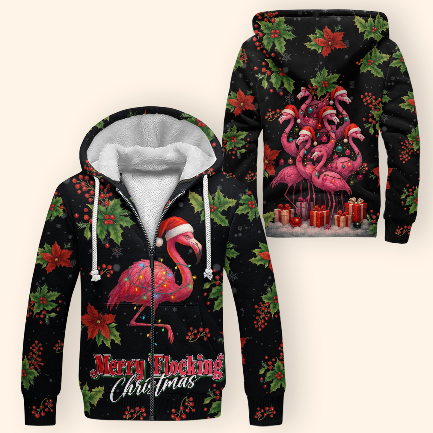 Merry Flocking Christmas Hoodie – Funny Flamingo Holiday Zip Up