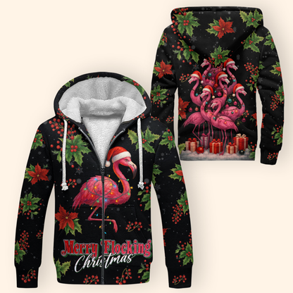 Merry Flocking Christmas Hoodie – Funny Flamingo Holiday Zip Up