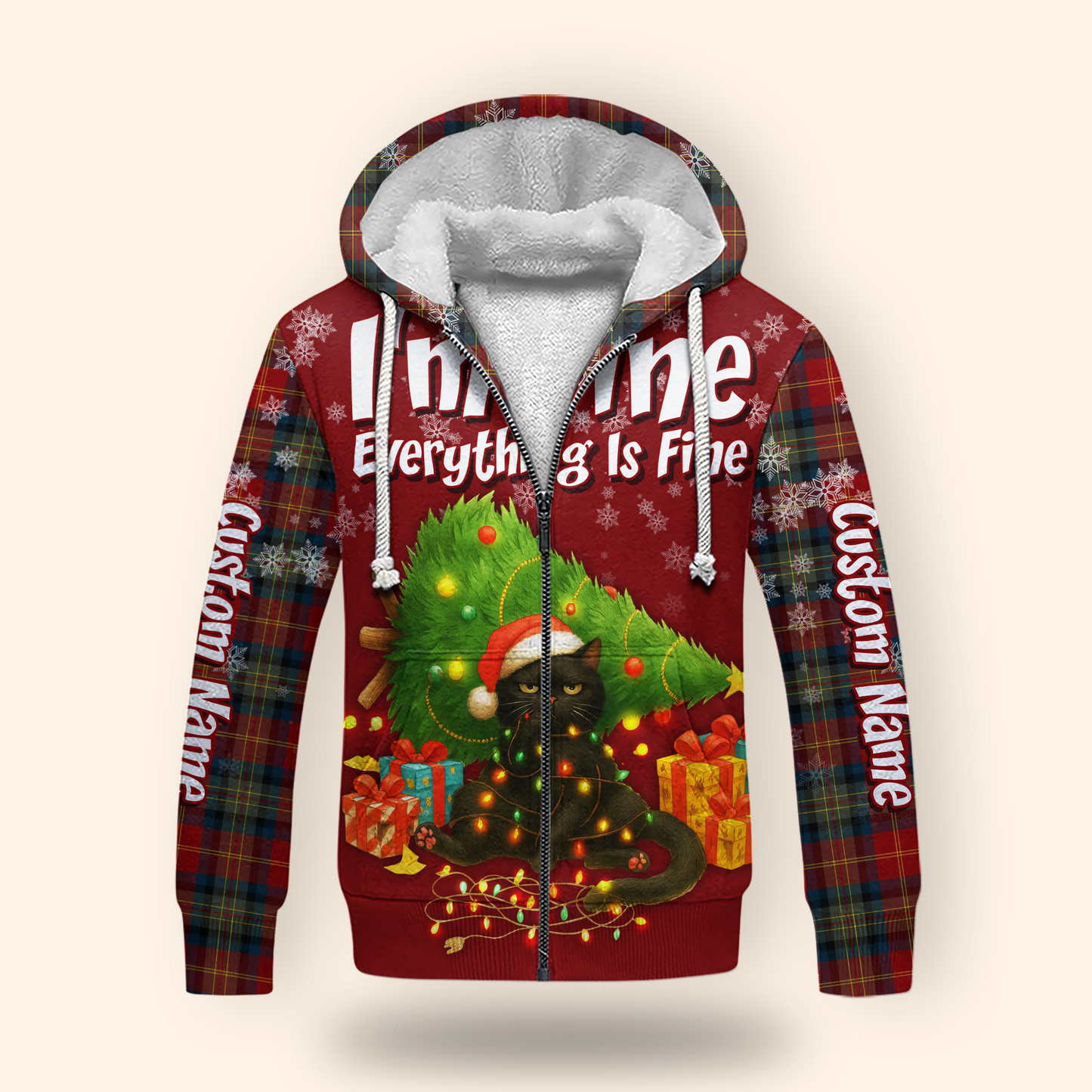 Funny Christmas Cat Hoodie – I’m Fine Everything Is Fine, Personalized Name Holiday Sweatshirt