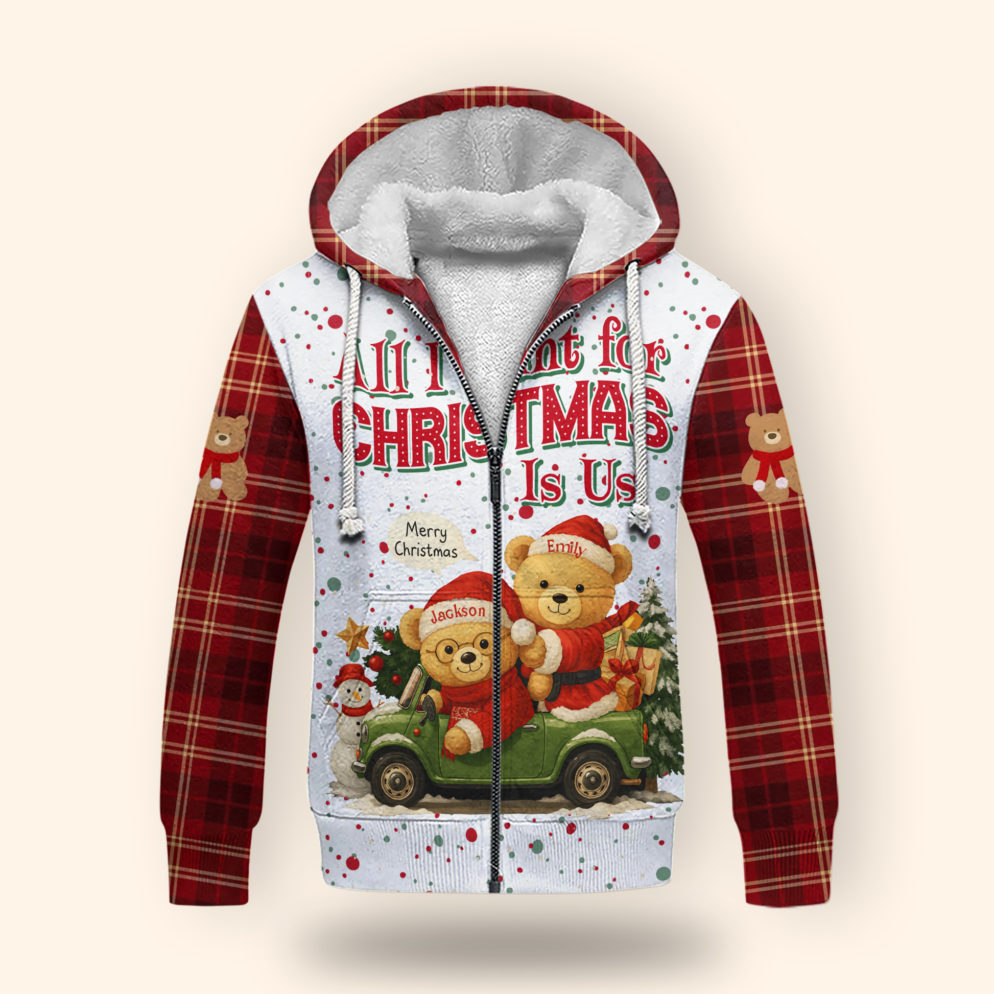 Personalized Teddy Bear Christmas Hoodie – All I Want for Christmas Is Us, Custom Name Gift, Custom Choo