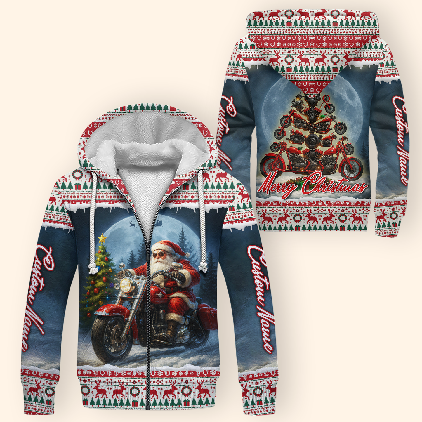 Santa Biker Christmas Hoodie – Custom Name Motorcycle Xmas Zip Up