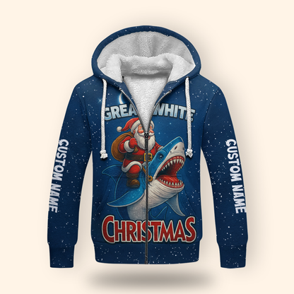 Santa Shark Hoodie – Great White Christmas Zip Up, Funny Holiday Hoodie, Custom Name Blue Ocean Design
