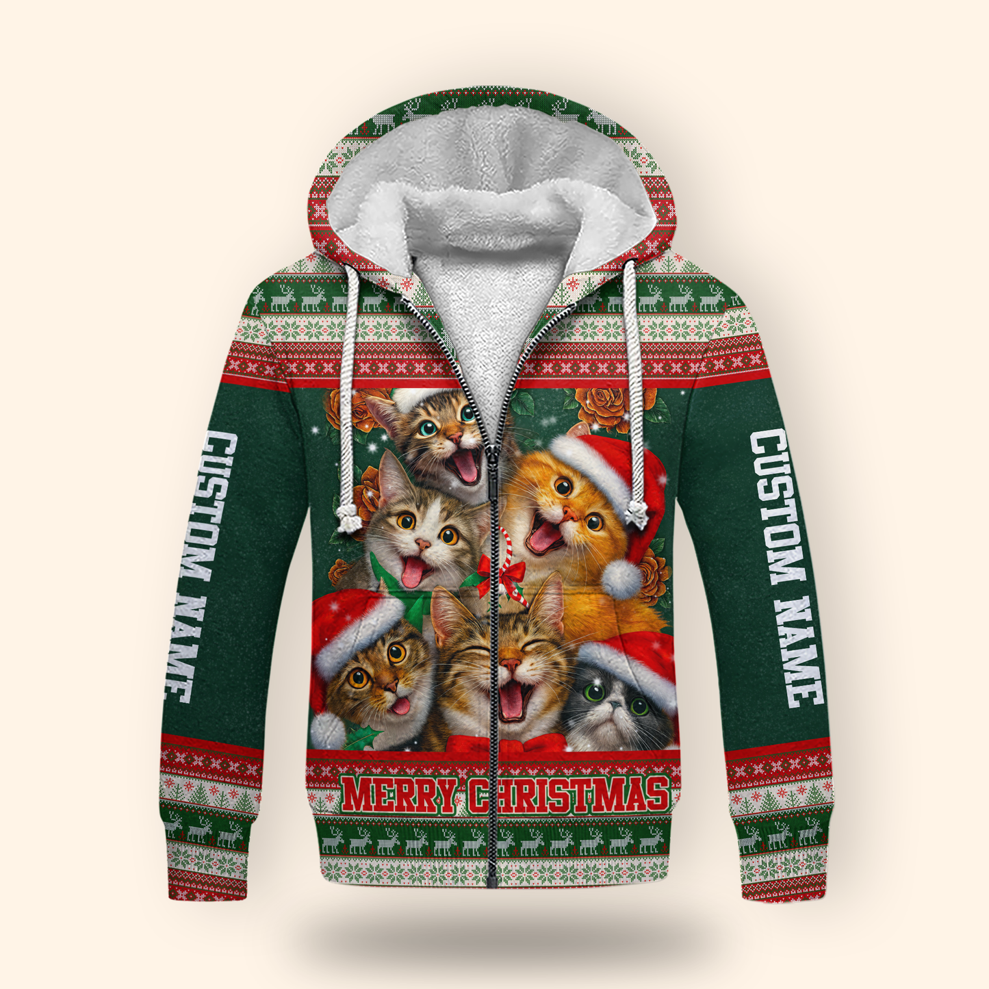 Christmas Cat Hoodie – Cute Cats in Santa Hats, Custom Name Zip Up, Funny Holiday Hoodie