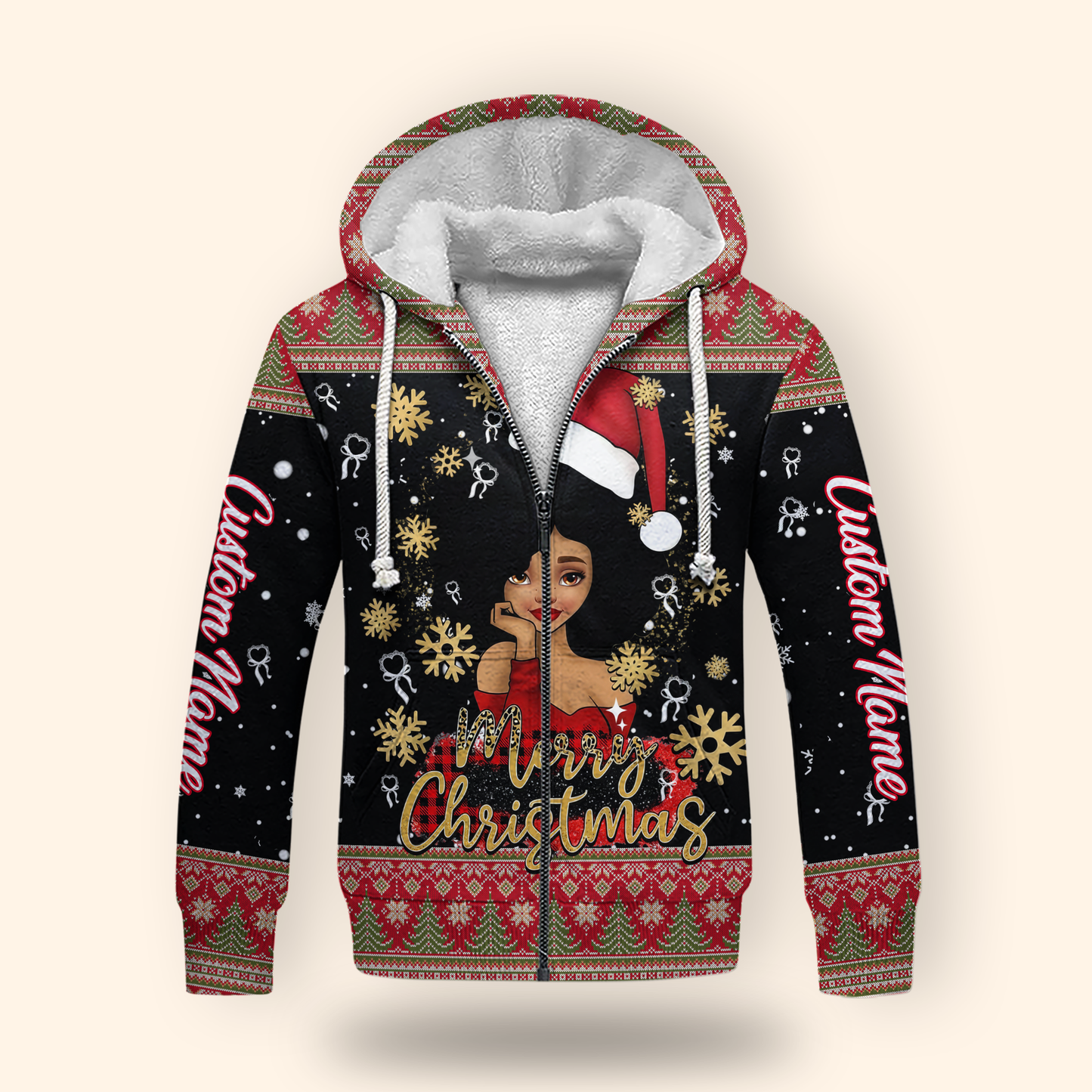 Personalized Black Girl Christmas Hoodie – Merry Christmas Santa Hat Zip Up
