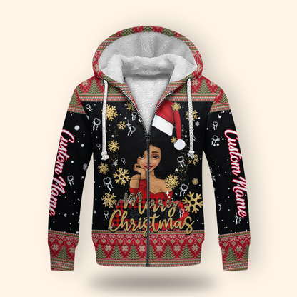 Personalized Black Girl Christmas Hoodie – Merry Christmas Santa Hat Zip Up