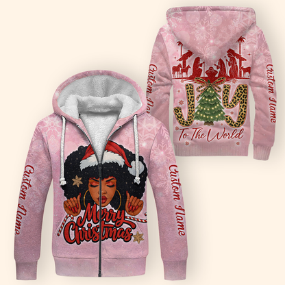 Christian Christmas Hoodie – Joy To The World, Black Girl Santa Zip Up, Custom Name Holiday Hoodie