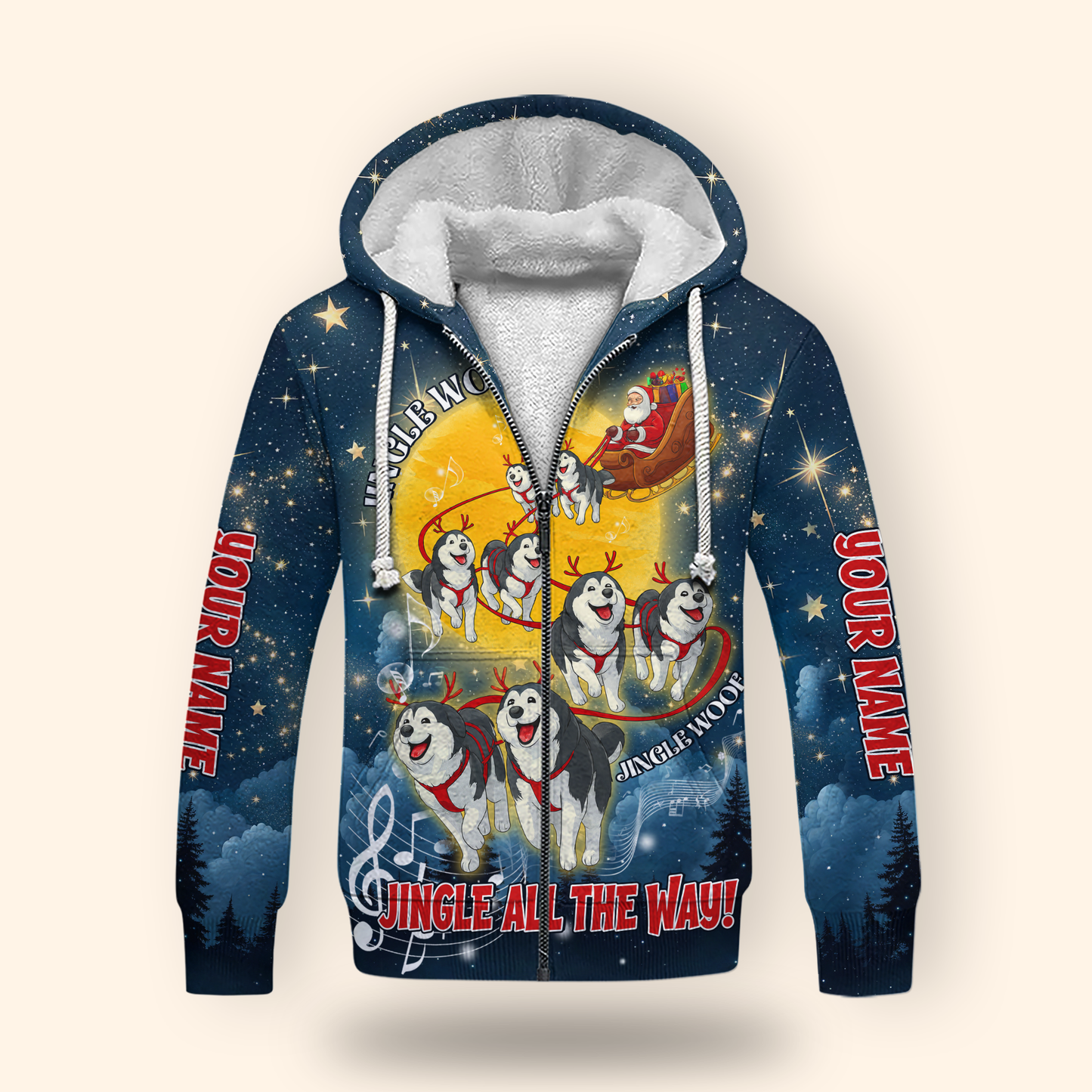 Custom Name Jingle Woof Hoodie – Husky Christmas Zip Up, Funny Santa Dog Hoodie, Holiday Sweatshirt