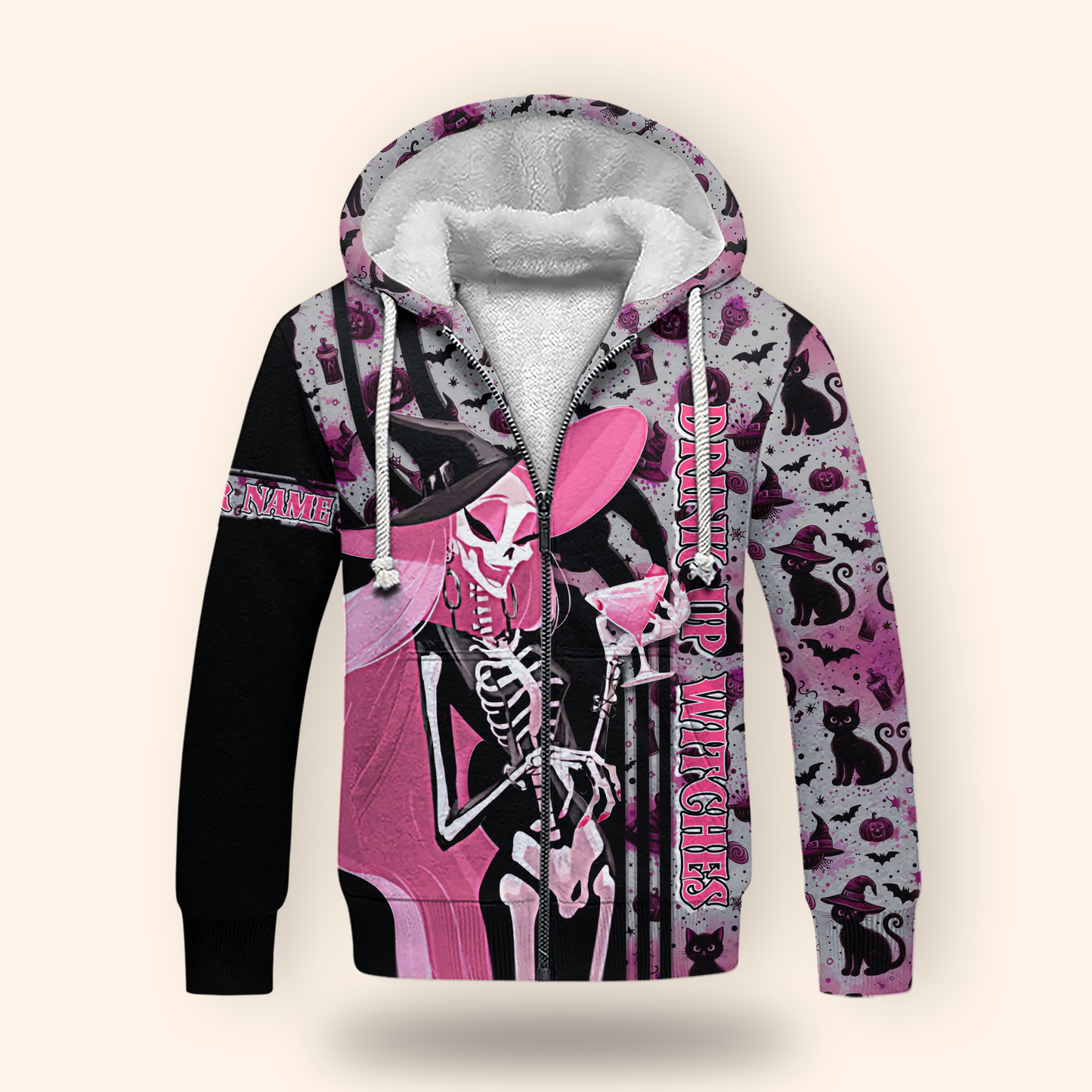 Personalized Halloween Hoodie – Drink Up Witches Pink Black Gothic Jacket, Custom Choo