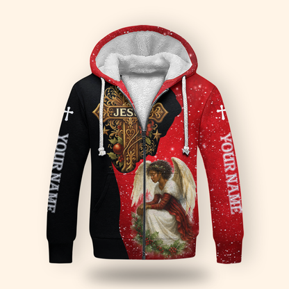 Personalized Jesus Cross Hoodie – Angel Praying Christmas Zip Up