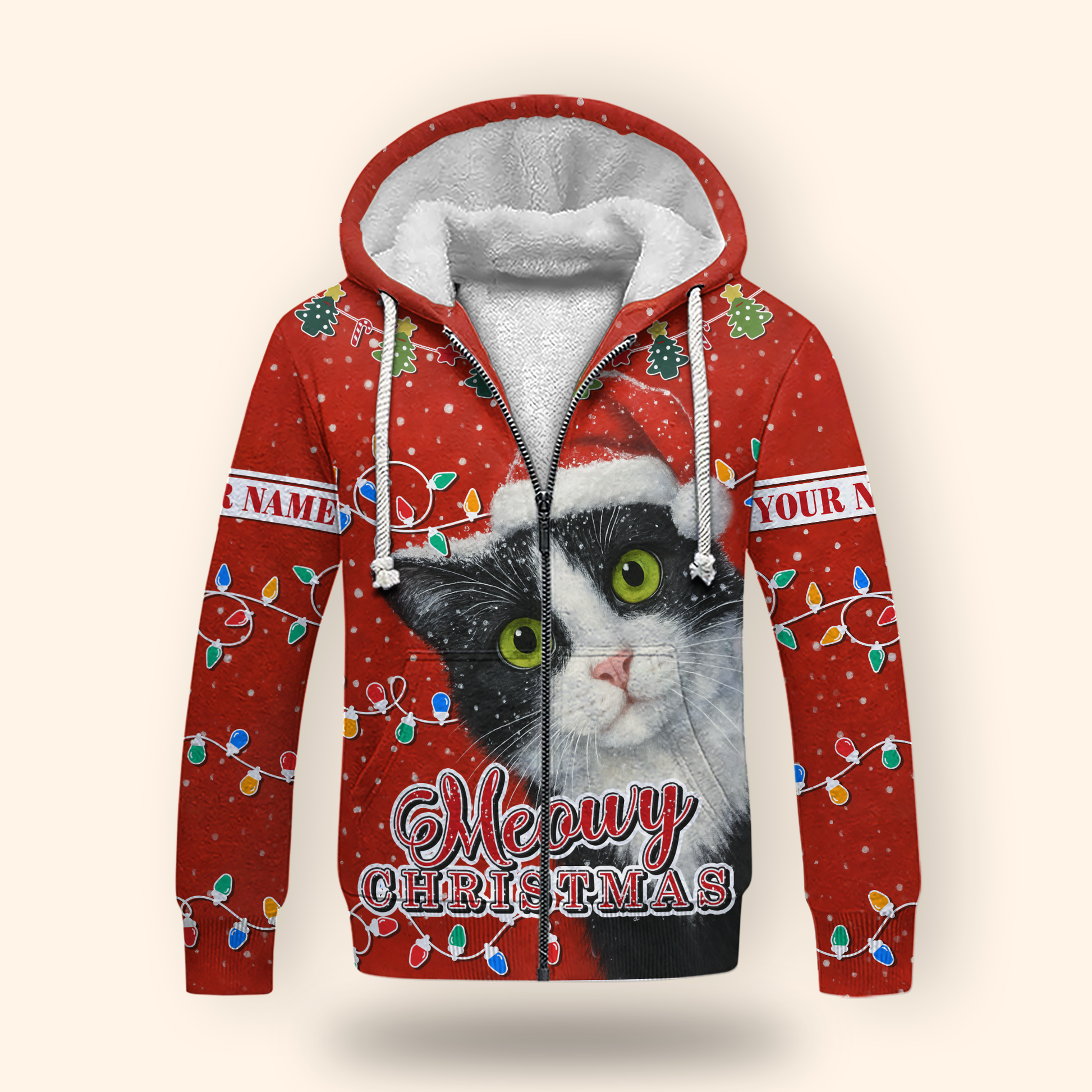 Personalized Cat Christmas Hoodie – Meowy Christmas Zip Up, Cute Holiday Gift for Cat Lovers, Custom Choo