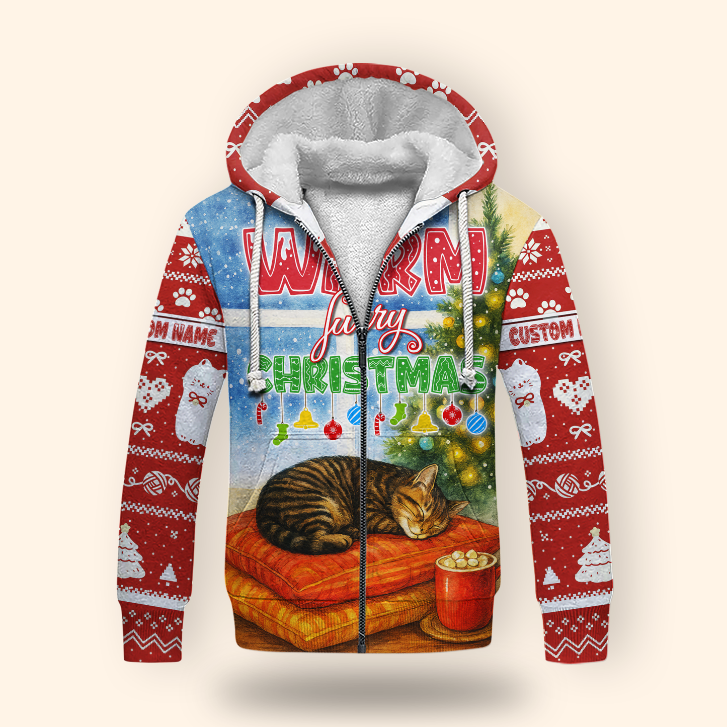 Warm Furry Christmas Hoodie – Cute Cat Lover Zip Up, Personalized Holiday Gift, Custom Choo