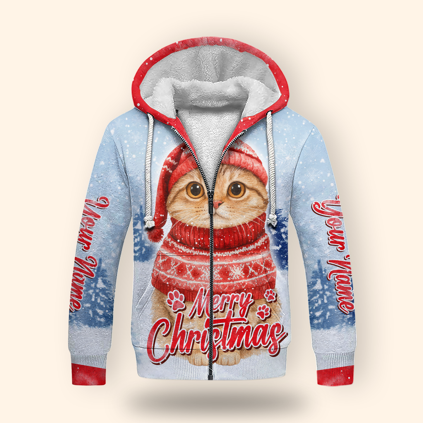 Cute Christmas Cat Hoodie – Merry Christmas Cat in Red Sweater, Personalized Name Gift
