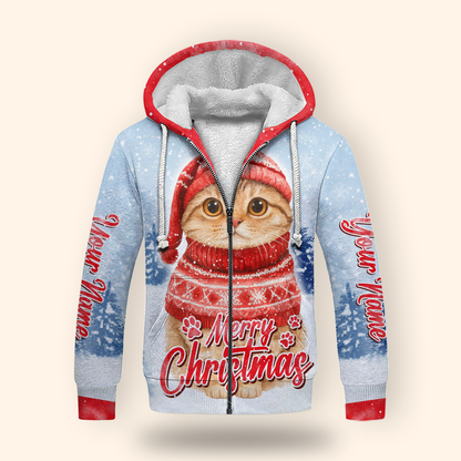 Cute Christmas Cat Hoodie – Merry Christmas Cat in Red Sweater, Personalized Name Gift