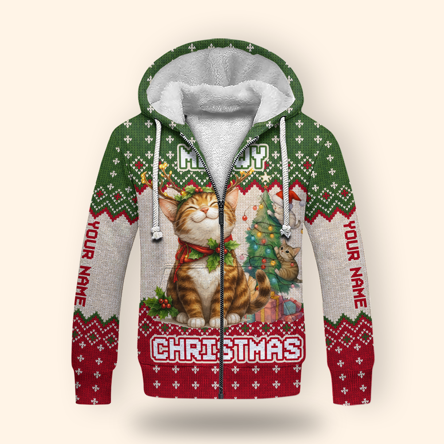 Personalized Merry Christmas Cat Hoodie – Cute Holiday Zip Up, Custom Name Gift for Cat Lovers, Custom Choo