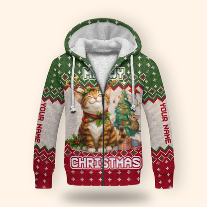 Personalized Merry Christmas Cat Hoodie – Cute Holiday Zip Up, Custom Name Gift for Cat Lovers, Custom Choo